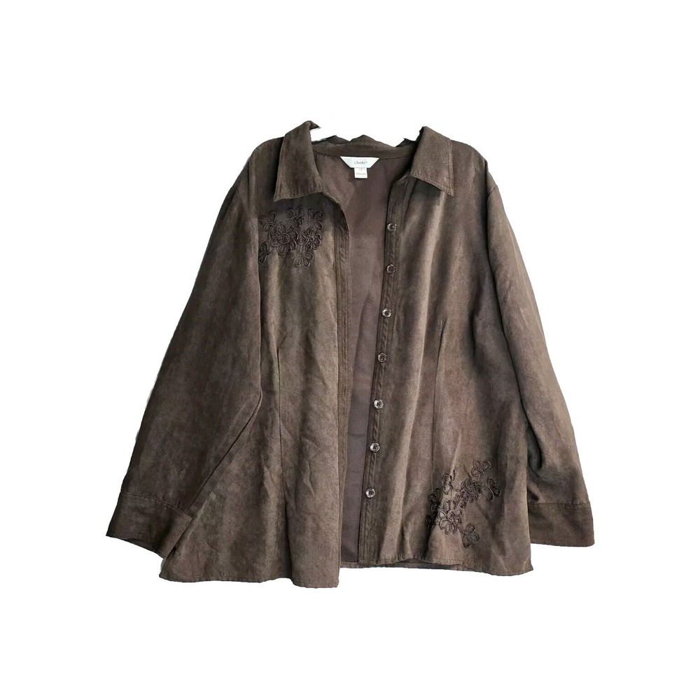 CJ Banks Women's 16/18W 1X Brown Long Sleeve Button Front Suede Feel Shirt